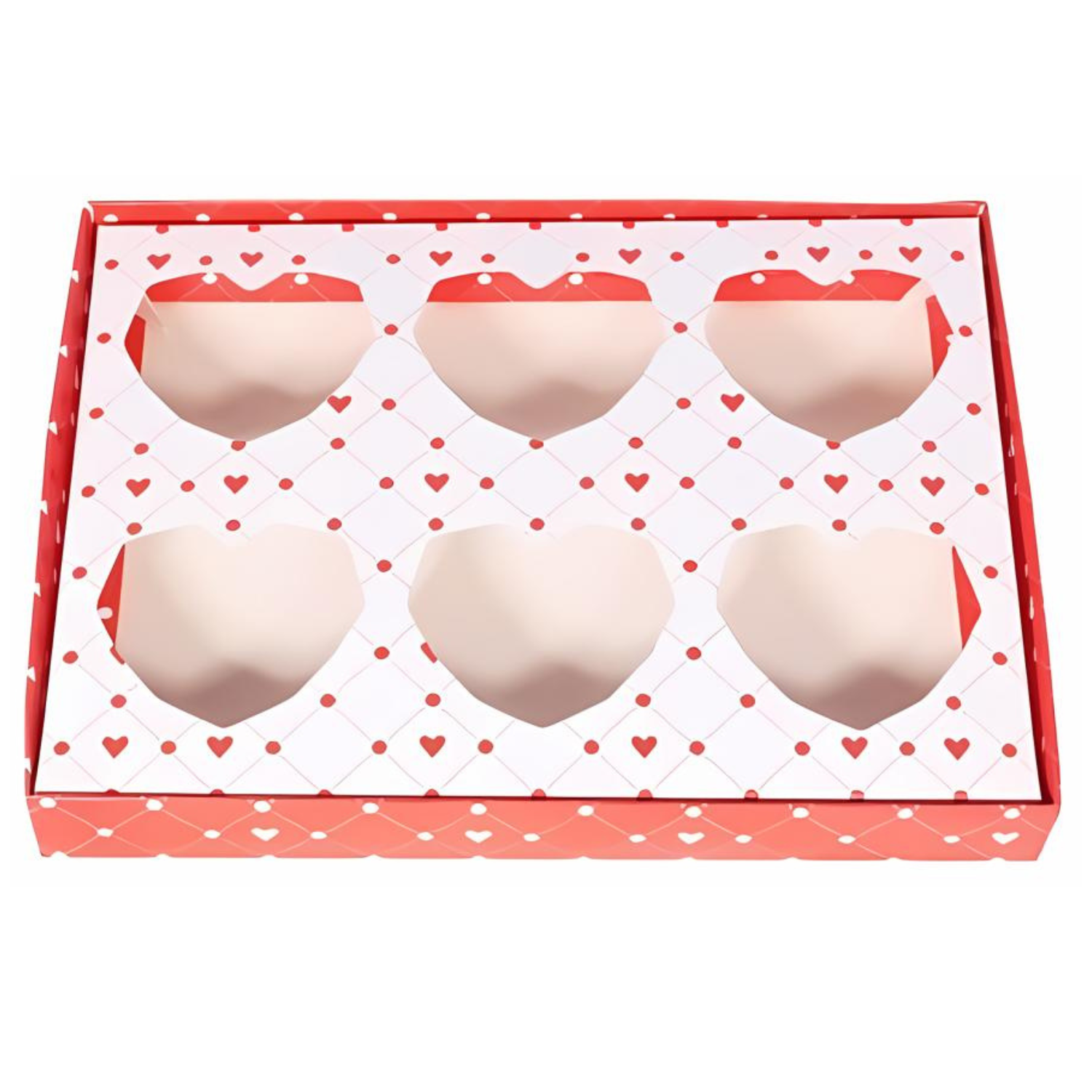 Caixa Degustação Coração Lapidado Vermelho/Branco c/ 6 cavidades - 5 unidades