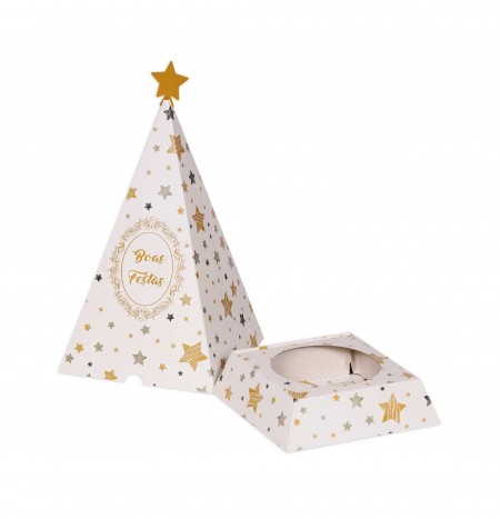 Caixa Arvore p/ Panetone 500g Estrelas (20,2 x 20,2 x 35,6 cm) - 3 Unidades