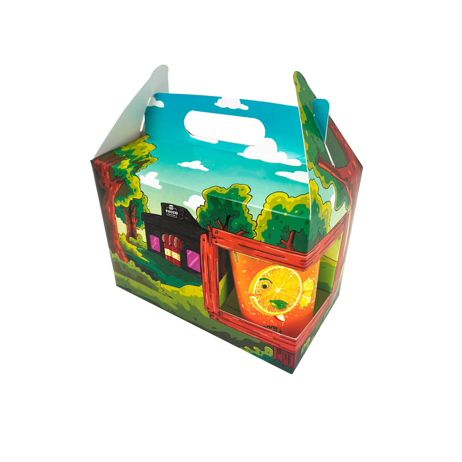 Embalagem maleta personalizada 20x11x13,5 cm com design colorido para kit lanche.