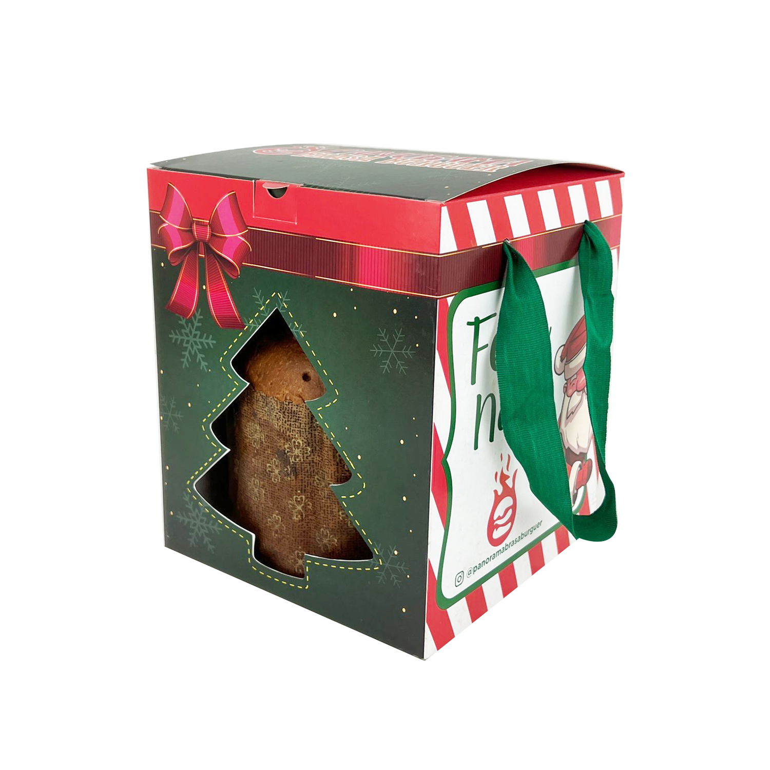 Embalagem para panetone até 1kg (17 x 17 x 20 cm) visor vazado com alça Personalizada