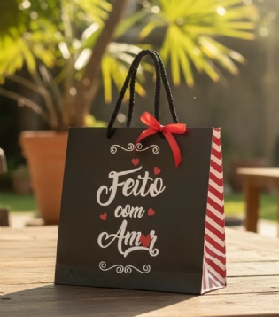 Sacola Offset (17 x 4 x 17 cm) c/ alça Feito com Amor - 50 unidades