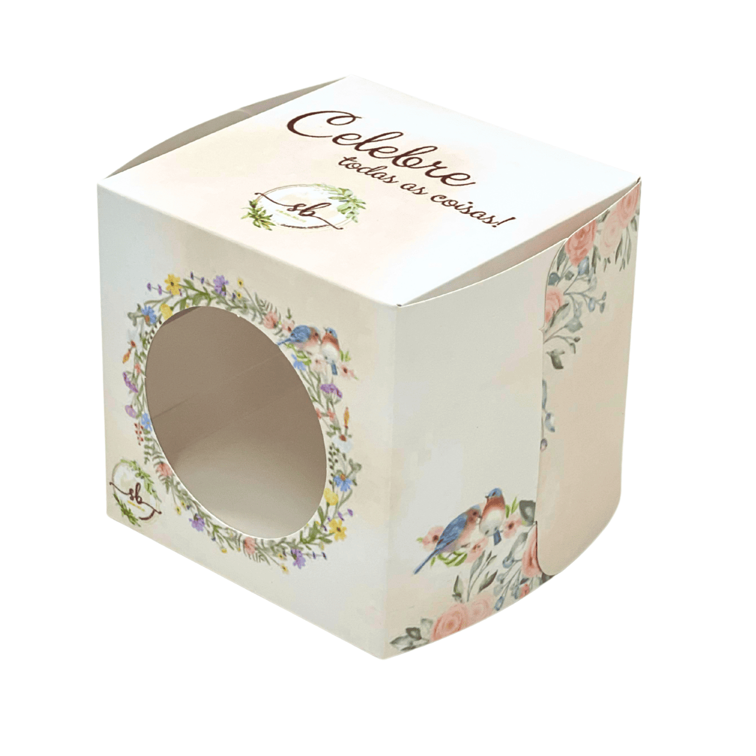 Caixa Para Mini Bolo c/ Visor Vazado e Berço (10 x 10 x 10 cm) Personalizada