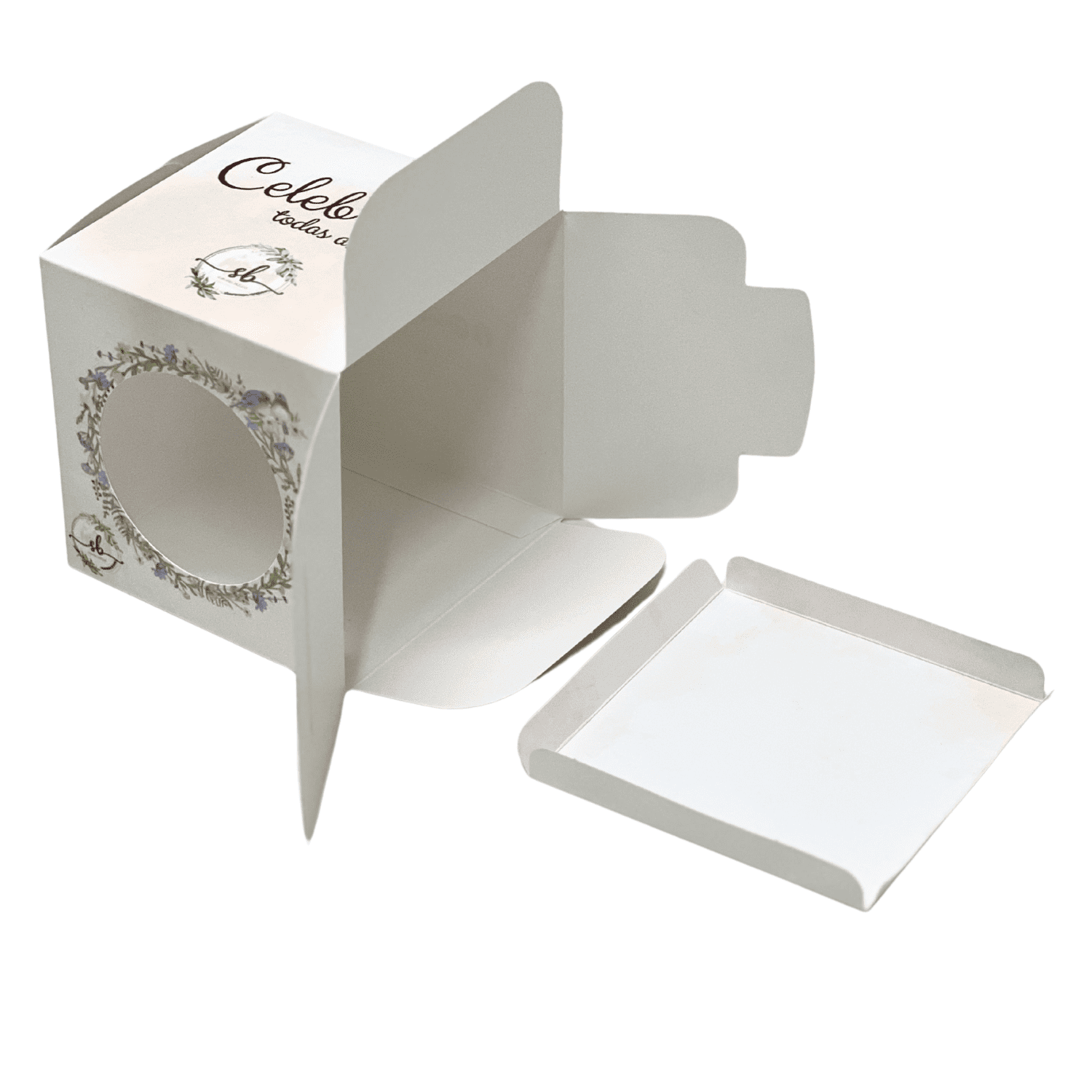 Caixa Para Mini Bolo c/ Visor Vazado e Berço (10 x 10 x 10 cm) Personalizada