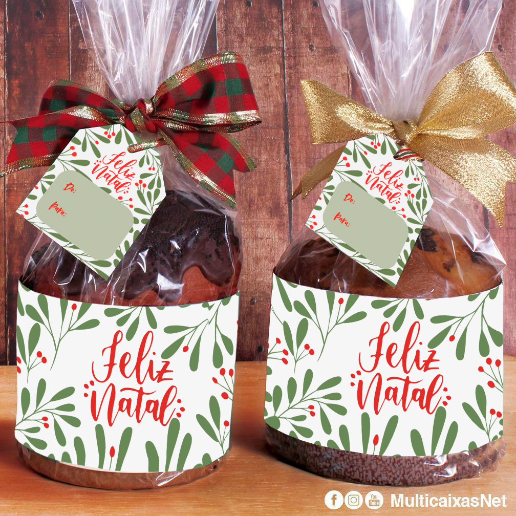 Kit Cinta e Tag p/ Panetone (500g a 1K)  Folhas de Natal - 50 unidades