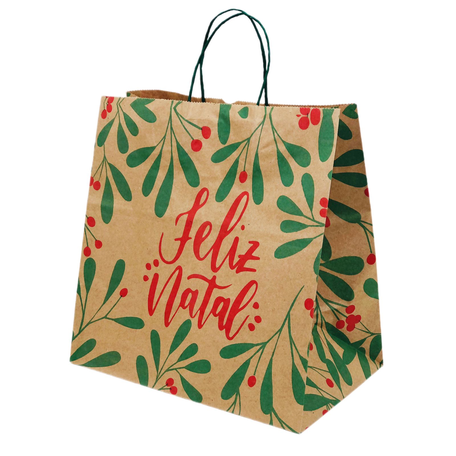 Sacola Kraft (31 x 19 x 31 cm) Folhas de Natal -  100 unidades