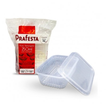 Pote Plástico Retangular c/ Tampa 250 ml Prafesta - 24 unidades