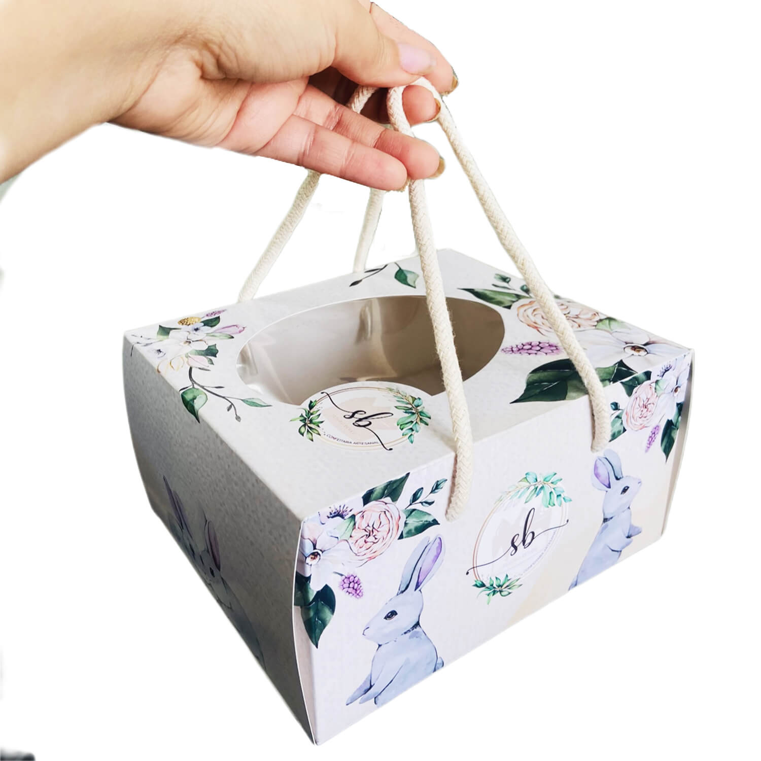 Caixa Para Ovo de Páscoa 350grs c/ Berço, Alça e Visor Vazado (18 x 15,5 x 9,5 cm) Personalizada