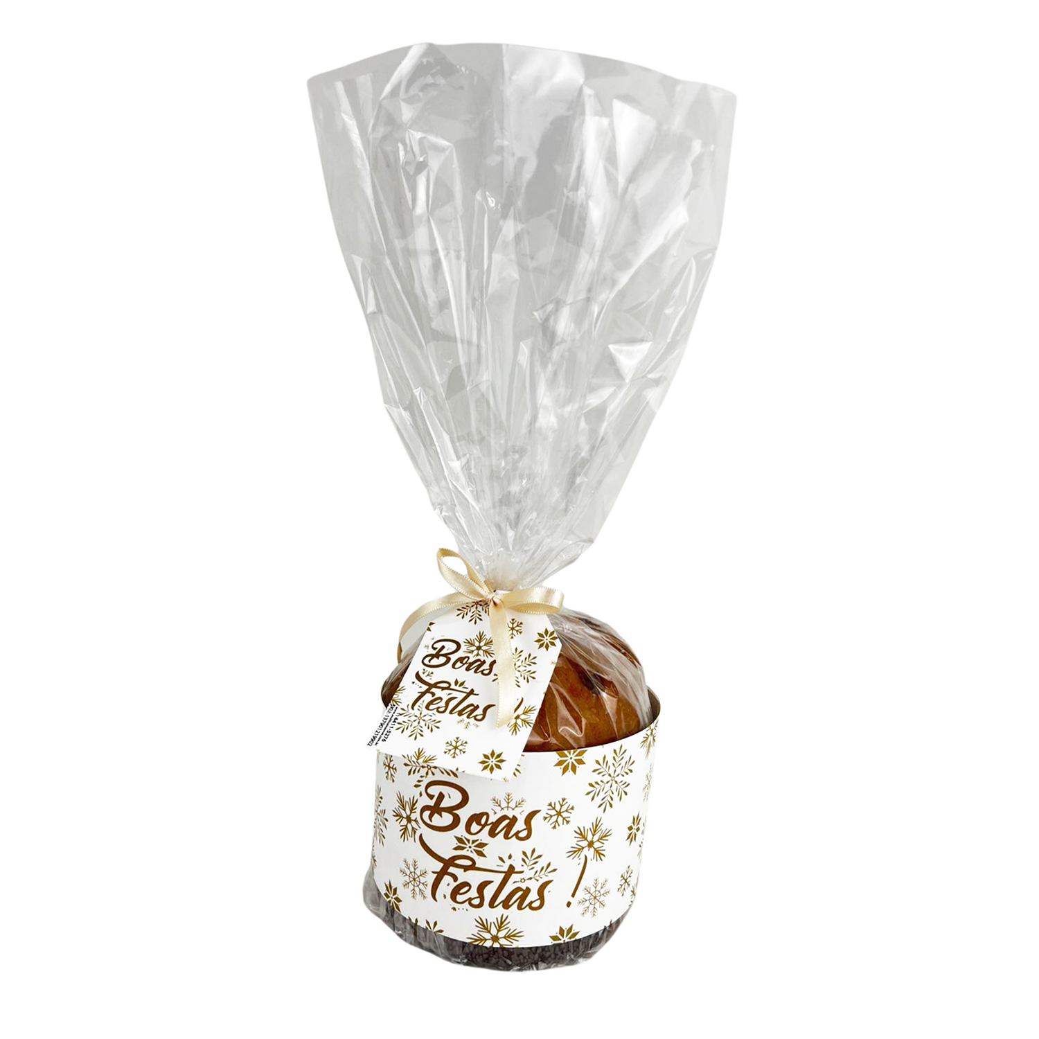 Kit Cinta e Tag p/ Panetone, 500g até 1 kilo - Flocos Dourado - 50 unidades