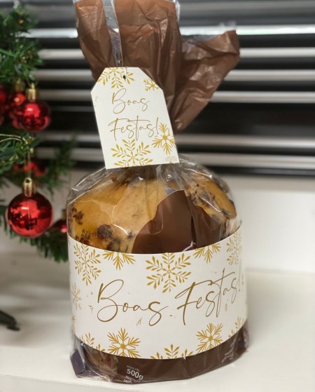 Kit Cinta e Tag p/ Panetone, 500g até 1 kilo - Flocos Dourado - 50 unidades