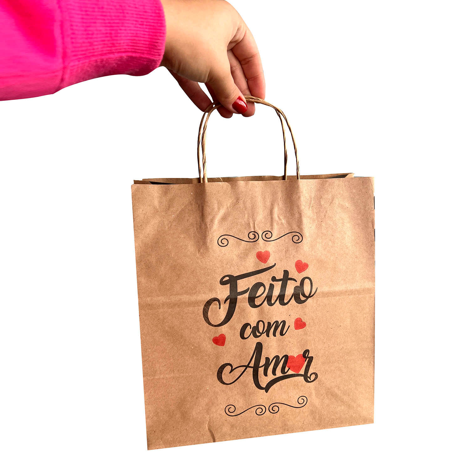 Sacola Kraft (22 x 14 x 25 cm) Feito com Amor - 100 Unidades