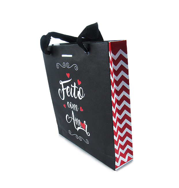 Sacola Offset (17 x 4 x 17 cm) c/ alça Feito com Amor - 50 unidades
