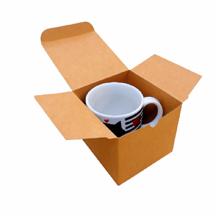 Caixa kraft modelo Plus com capacidade para canecas e lanches, embalagem prática e resistente.