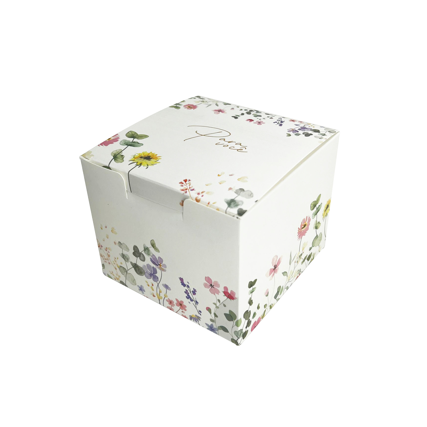 Caixa para doces e mini bolos, 10 x 10 x 8 cm, com design floral delicado e texto Para Você na tampa, ideal para presentes ou armazenamento de pequenas sobremesas com apresentação elegante.