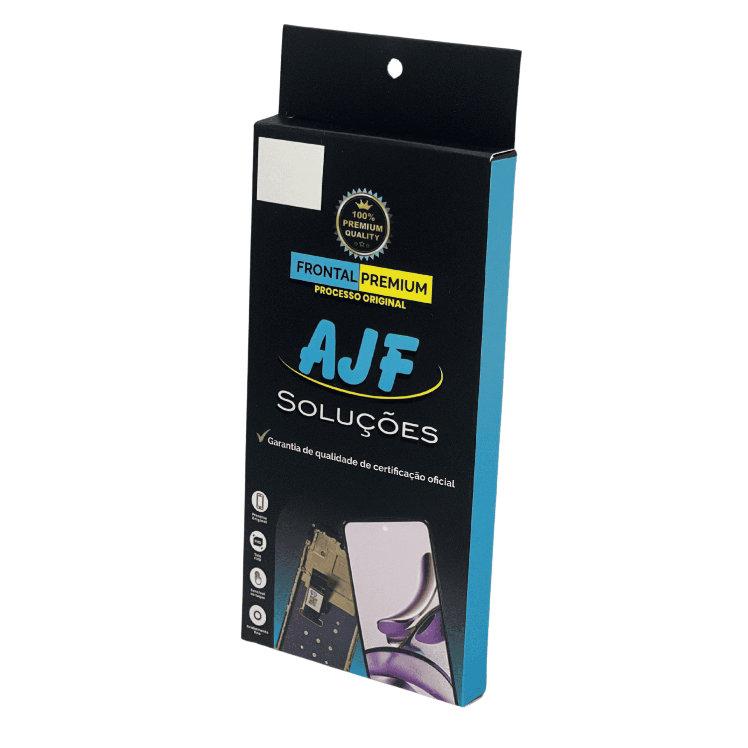 Caixa personalizada para celular 8,5 x 1,5 x 17 cm, destacando gráficos premium e garantia de qualidade autenticada.