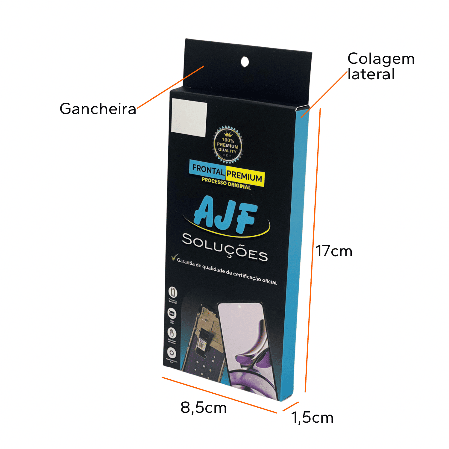 Caixa personalizada para celular 8,5 x 1,5 x 17 cm com gancheira para pendurar, colagem lateral e design para acessórios.
