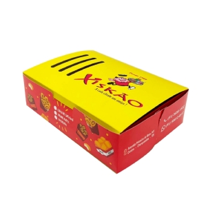 Caixa colorida personalizada para churros com dois compartimentos para molhos, medindo 17 x 12,5 x 5 cm, ideal para armazenamento e transporte, mantendo alimentos frescos e organizados.