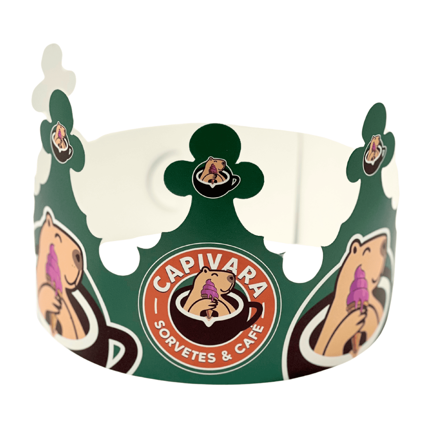Cinta coroa personalizada verde e marrom com logo Capivara Sorvetes & Café.