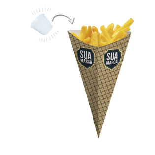 Cone grande personalizado com suporte de molho, ideal para servir fritas e porções de maneira prática.