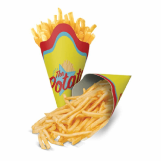 Cone colorido com a inscrição "The Potato", projetado para servir porções de batatas fritas, ideal para uso em lanchonetes e eventos.