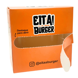 Caixa de batata frita personalizada aberta, mostrando picote que vira bandejinha.