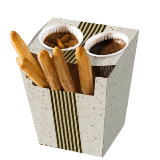 Embalagem personalizada para churros espanhóis com compartimentos para molhos, projetada para consumo em eventos e fast food.