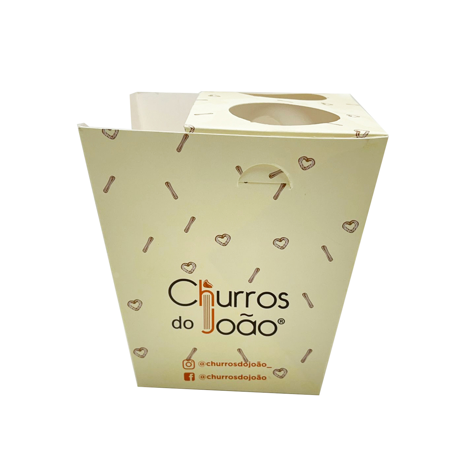 Embalagem personalizada Churros do João com design funcional, decorações de corações e espaço para redes sociais, ideal para transporte prático de churros.