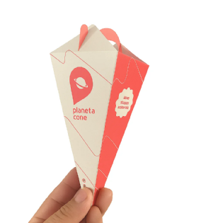 Embalagem personalizada para cone trufado com alça, destacando apresentação e identidade visual.