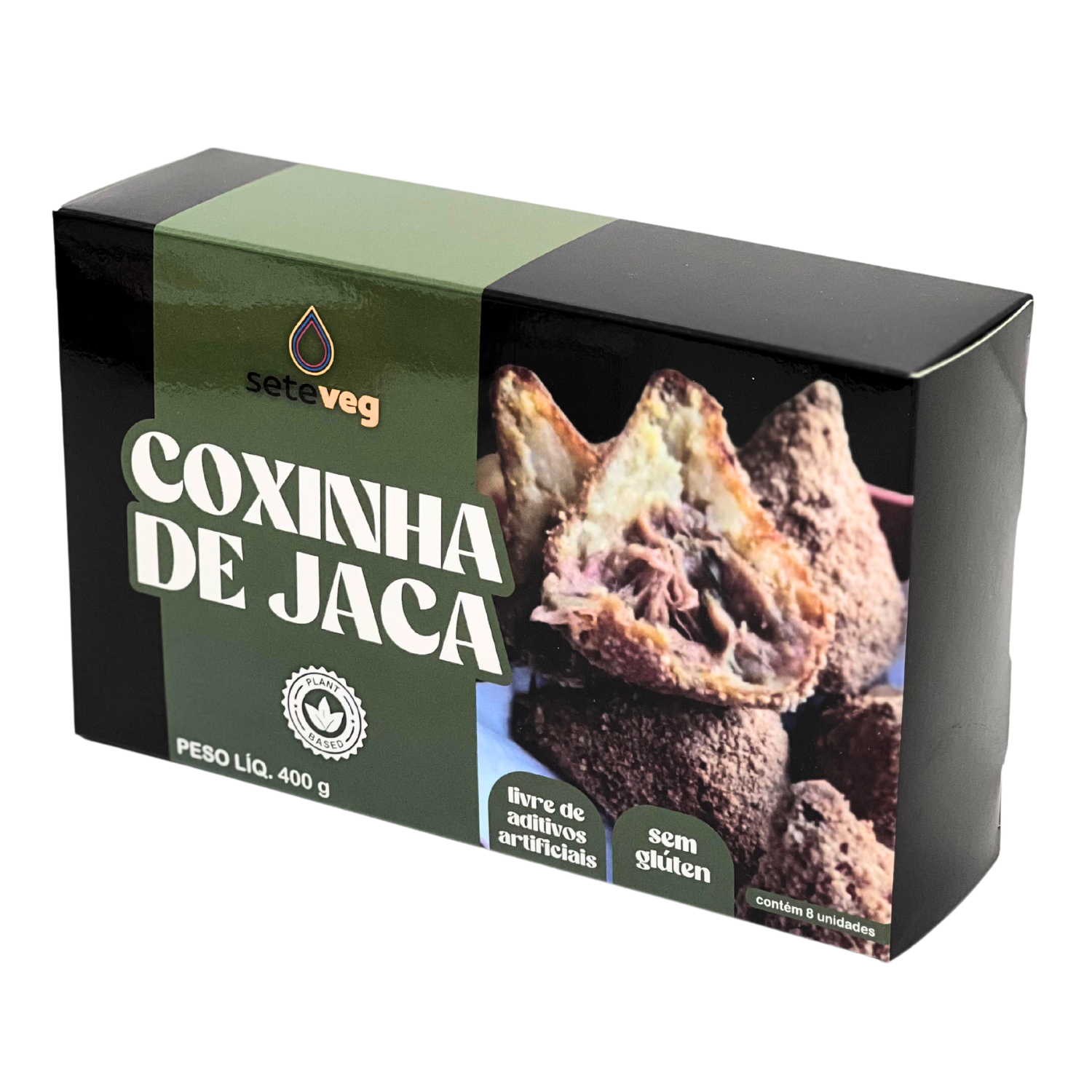 Embalagem personalizada de coxinha de jaca com design vegano e visor expositivo