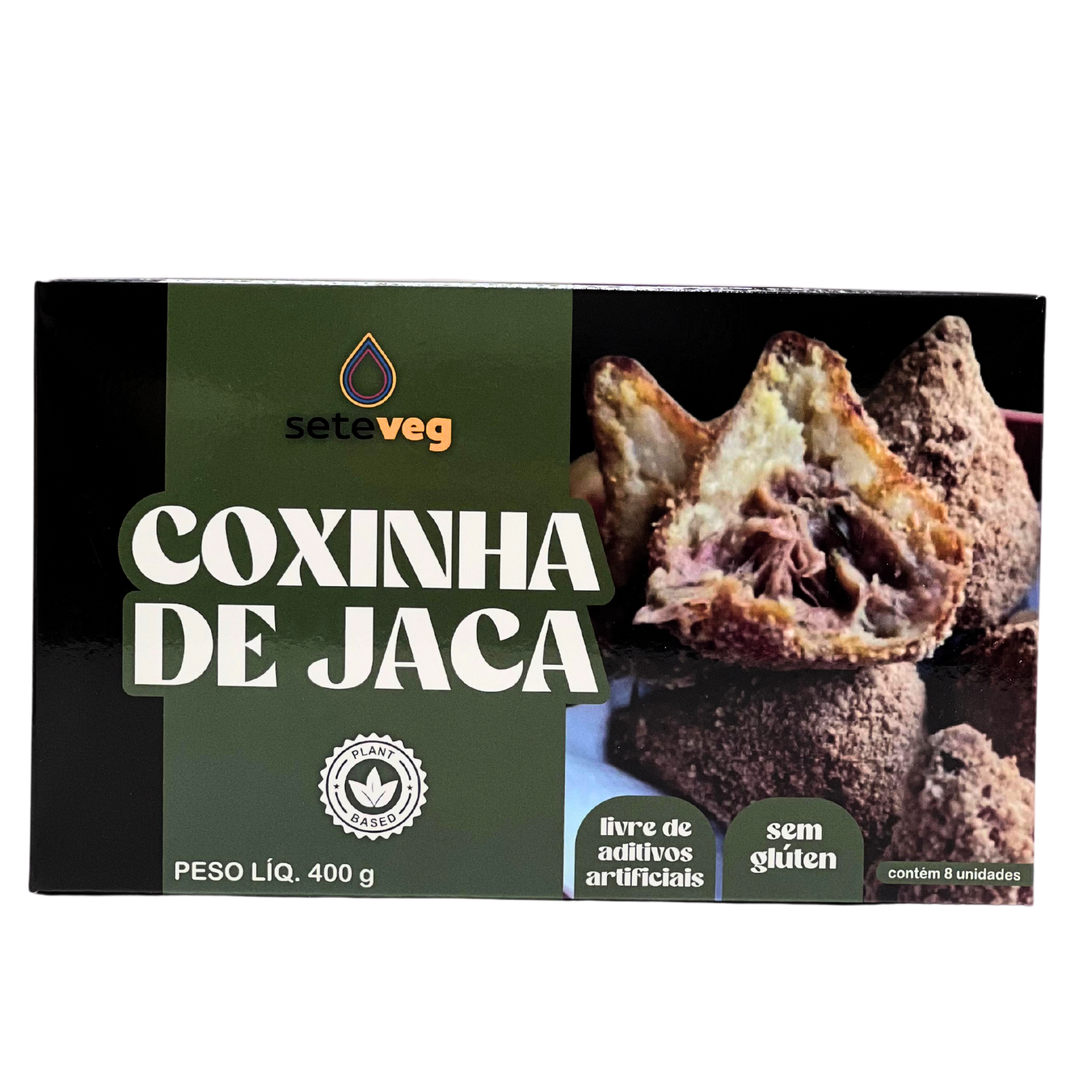 Frente da embalagem para coxinha de jaca congelada, com rótulo e informações nutricionais
