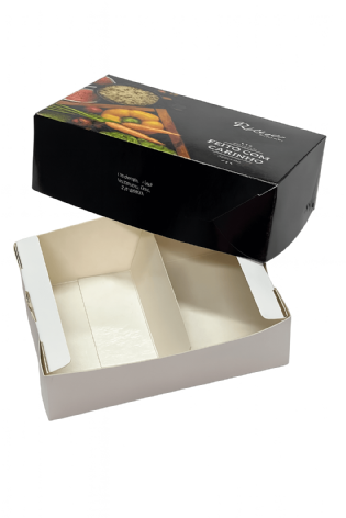 Embalagem aberta exibindo tampa e fundo separados, com a parte interna e seus dois compartimentos.