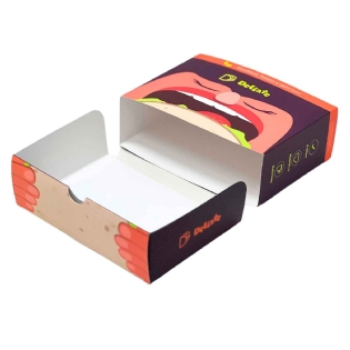 Embalagem personalizada de lanche natural aberta mostrando fechamentos.