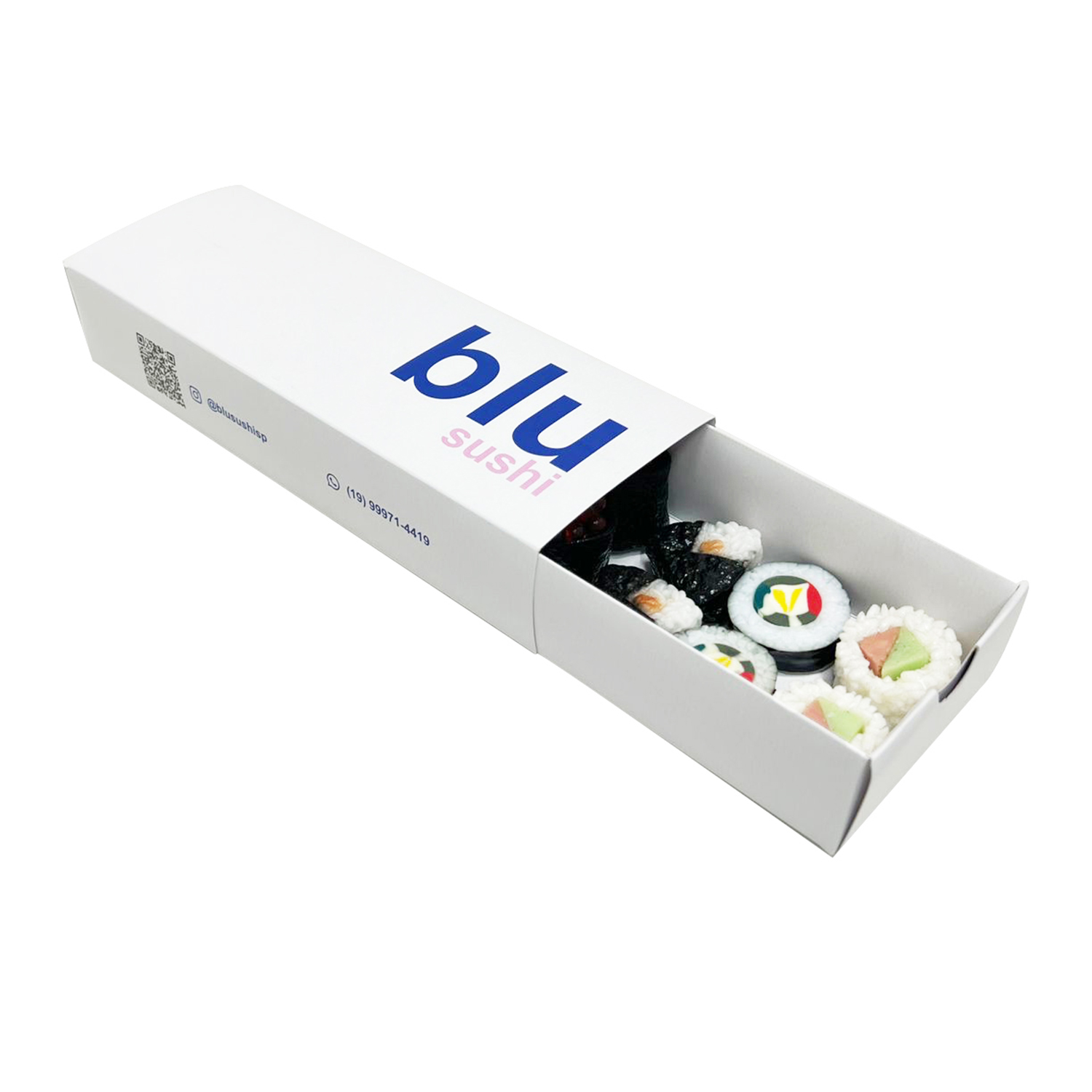 Embalagem tipo gaveta para sushi 23x8x4 cm, personalizada, com laminação interna, ideal para destacar marcas e manter alimentos frescos.