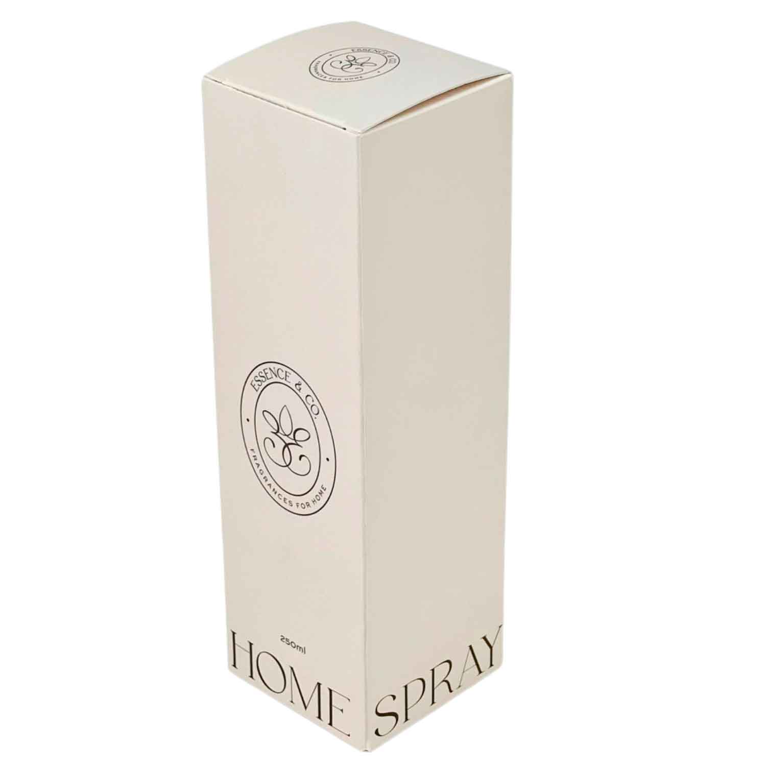 Embalagem personalizada para home spray 6x6x19 cm, com design e logo "Essence & Co", ideal para marcas de fragrâncias.