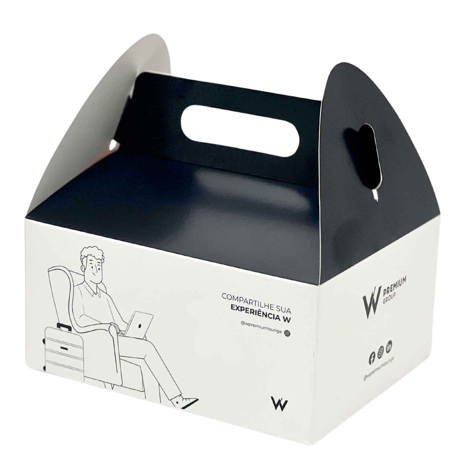 Apresentação da embalagem maleta kit personalizada montada, destacando o design elegante e funcional.