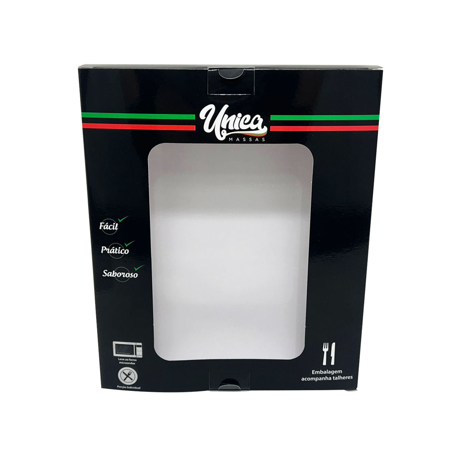Embalagem personalizada para marmita refrigerada com visor vazado da marca Única Massas