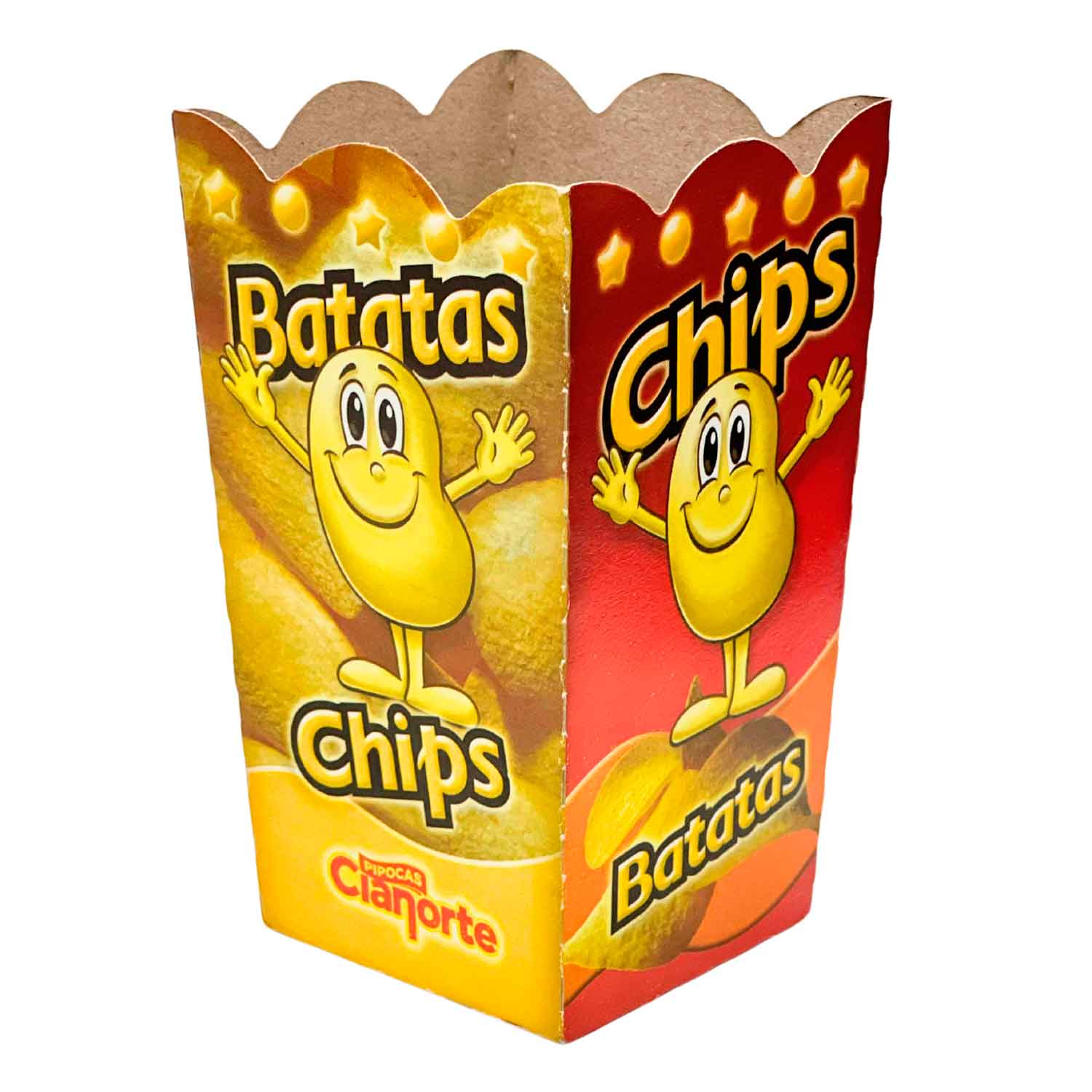 Embalagem temática colorida e divertida para batata chips, com ilustrações relacionadas ao produto. Ideal para festas, cinemas e eventos, acomodando porções pequenas.