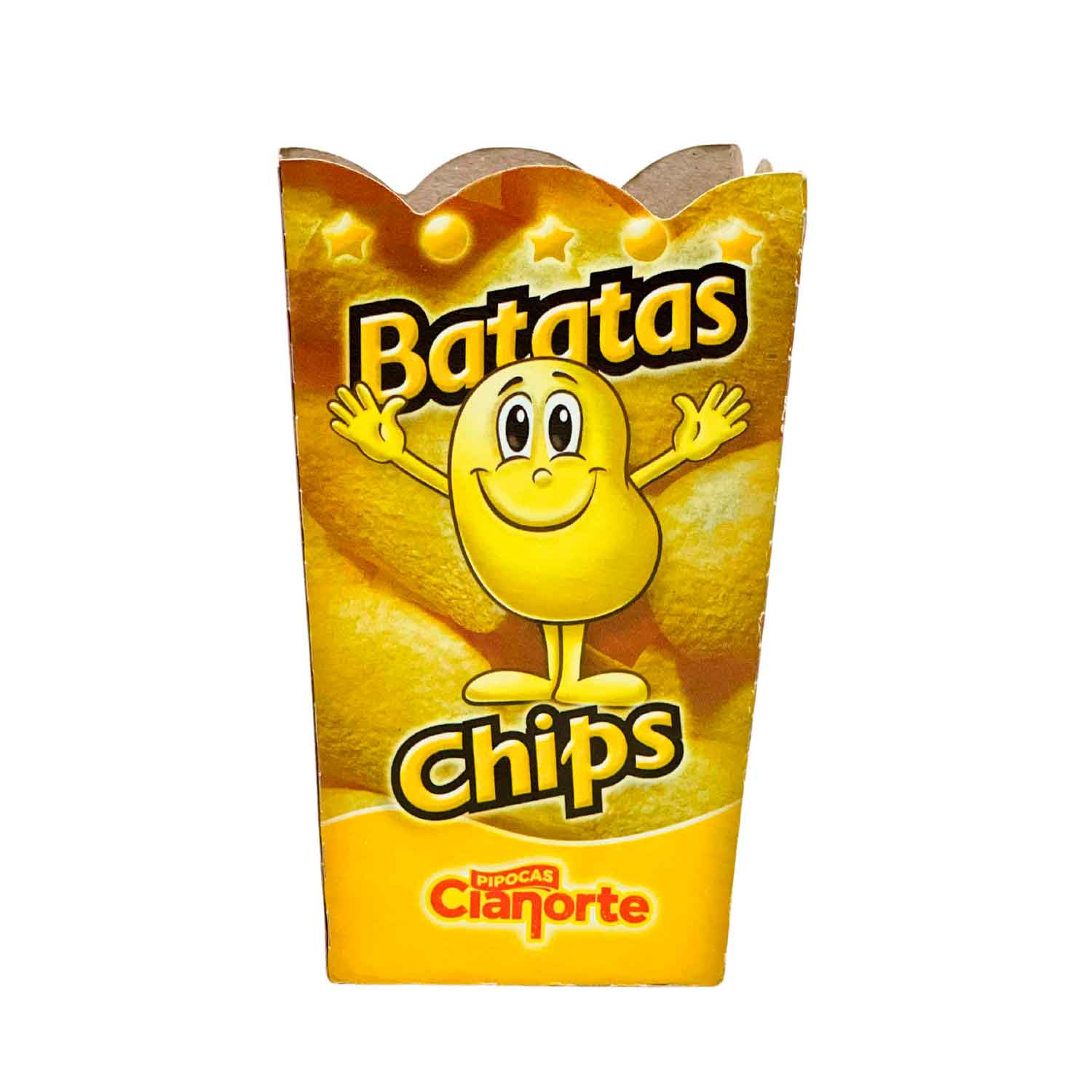 Embalagem temática colorida e divertida para batata chips, com ilustrações relacionadas ao produto. Ideal para festas, cinemas e eventos, acomodando porções pequenas.