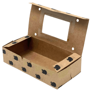 Vista lateral da embalagem personalizada para lanches naturais, mostrando travas e visor