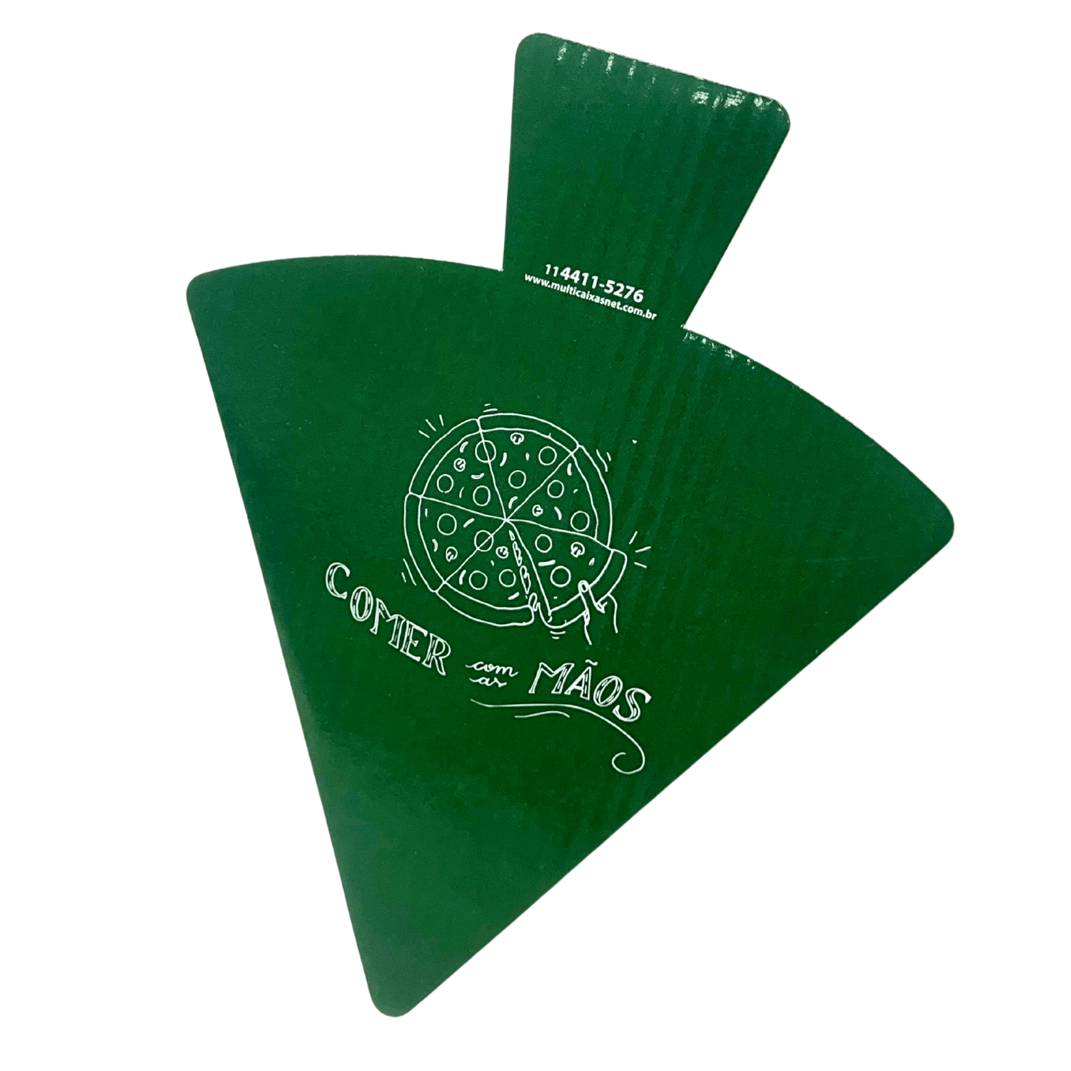 Embalagem triangular verde personalizada para fatia de pizza, com desenho de pizza e frase "Comer com as mãos", promovendo praticidade e higiene ao consumir.