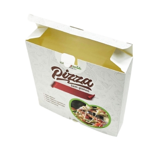 Embalagem aberta para pizza refrigerada, destacando laminação interna dourada e sistema de fechamento tipo cartucho.
