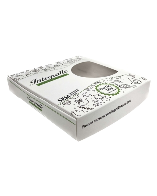 Embalagem para refrigeração personalizada com estampa vegetal, visor vazado e frase "produto artesanal com ingredientes do bem