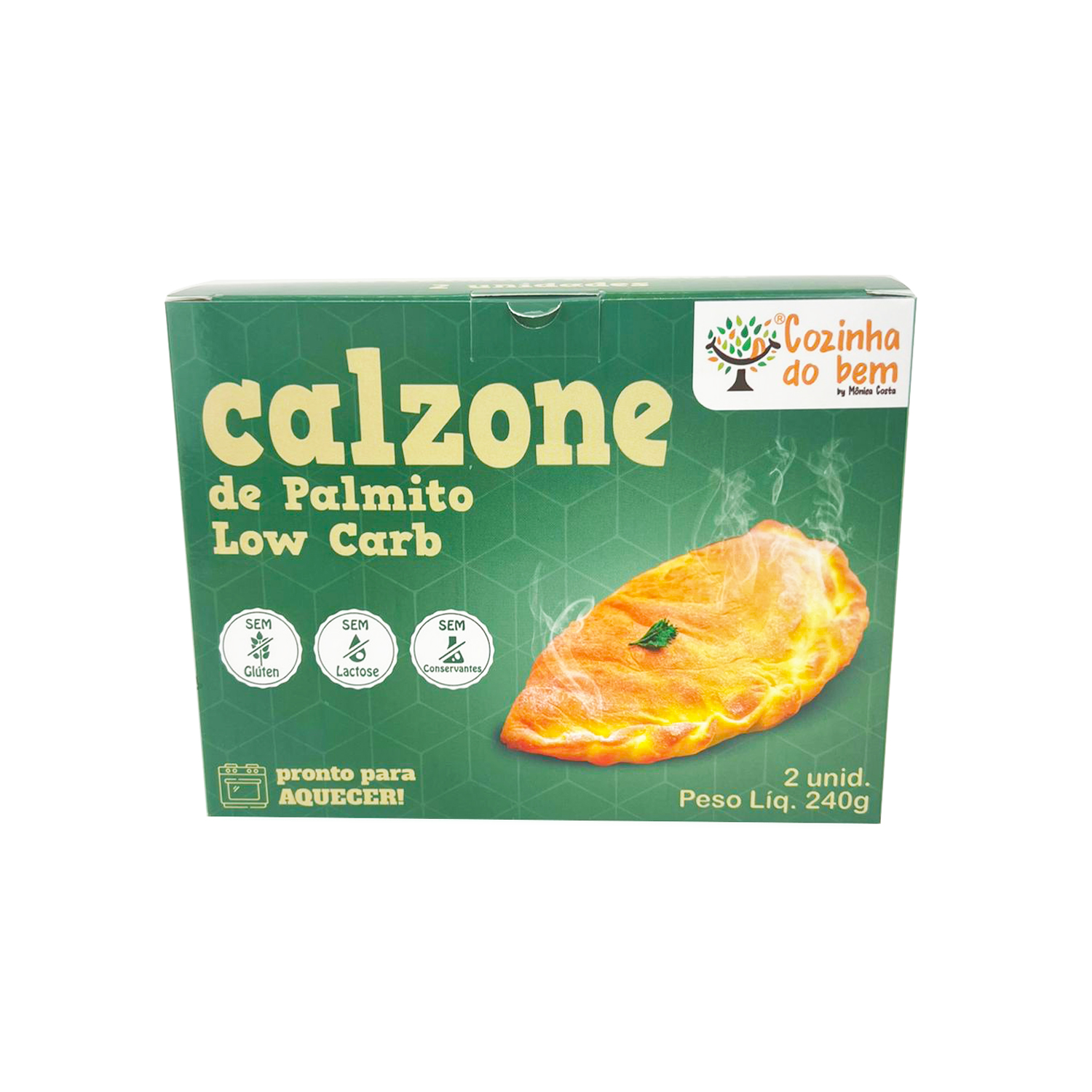 Embalagem personalizada para calzone de palmito low carb da marca Cozinha do Bem, com arte verde e ícones de saudabilidade.