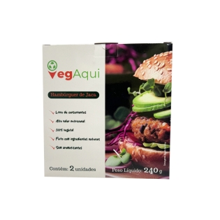 mbalagem personalizada para hambúrguer de jaca da marca VegAqui, com impressão colorida, ideal para alimentos congelados e exposição em gôndolas refrigeradas.