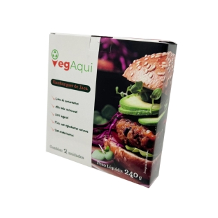 Embalagem personalizada para hambúrguer de jaca da marca VegAqui, com impressão colorida, ideal para alimentos congelados e exposição em gôndolas refrigeradas.