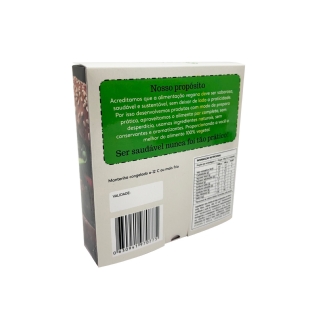 Parte traseira da embalagem VegAqui com mensagem institucional, tabela nutricional e campo para validade â ideal para itens veganos congelados.