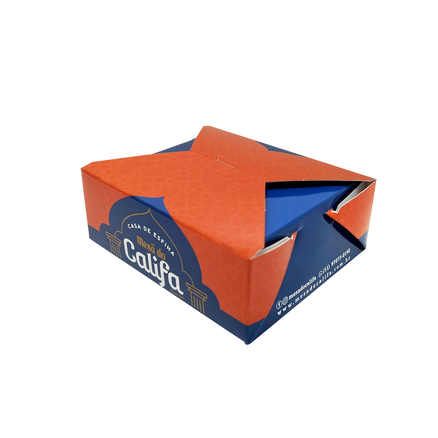 Embalagem antivazamento personalizada 12x10x4,5 cm vista frontal com laminação interna brilho.