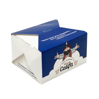 Embalagem antivazamento personalizada 12x10x7 cm vista frontal com laminação interna brilho.