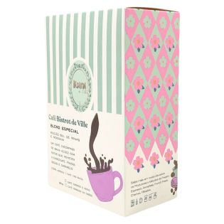 Caixa de café Bistrot de Ville 250g com colagem lateral e impressão colorida.