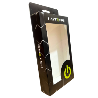 Embalagem personalizada preta com visor transparente e logotipo iStore.