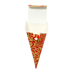 Embalagem para cone trufado personalizada Mara Cakes aberta, mostrando interior branco e sistema de fechamento por trava de segurança.